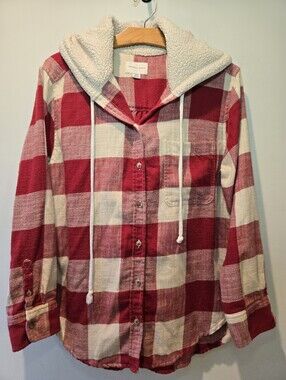 American Eagle Flannel Hoodie Women's Medium Red Cream 90s Plaid Button Down